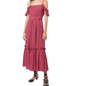 Derek Lam 10 Crosby 4 Off the Shoulder Tiered Silk Cami Dress Red Poppy Ruffles